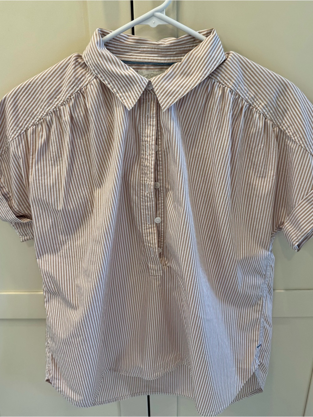 J. Crew White and Light Brown Stripe Short Sleeve Popover